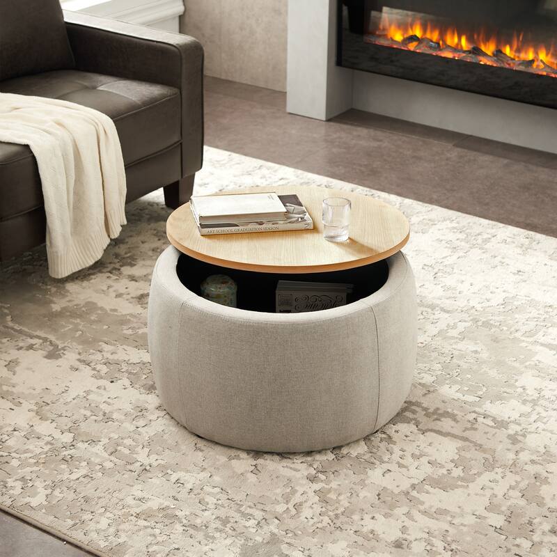 Roomfitters Round Storage Ottoman with Removable Lid, 2-in-1 Design Serves as End Table or Footrest, Modern Living Room