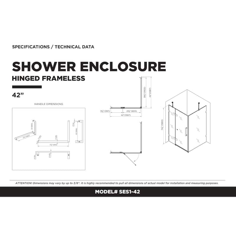 Fine Fixtures Frameless Shower Enclosure Hinged Glass Shower Door - Tempered Glass