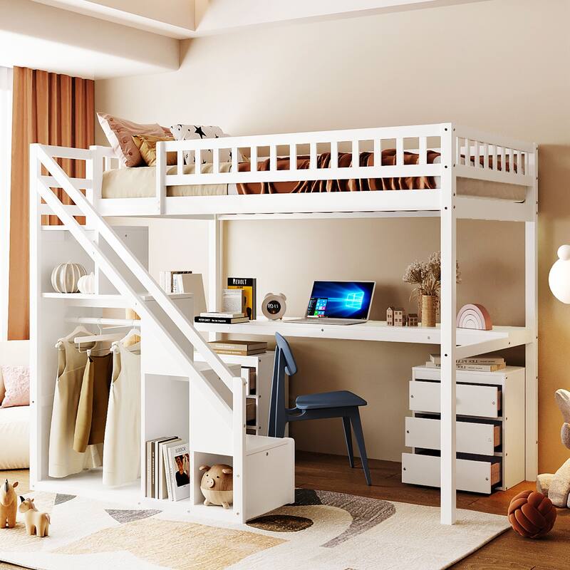 Twin Size Loft Bed with Two Chest of Drawers, Desk and Light Strip, Gray