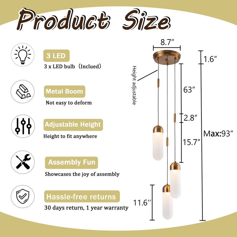 9'' Modern 3-Light Seeded Glass Cluster Integrated LED Pendant In Antique Gold Round Ceiling Lamp - W9''