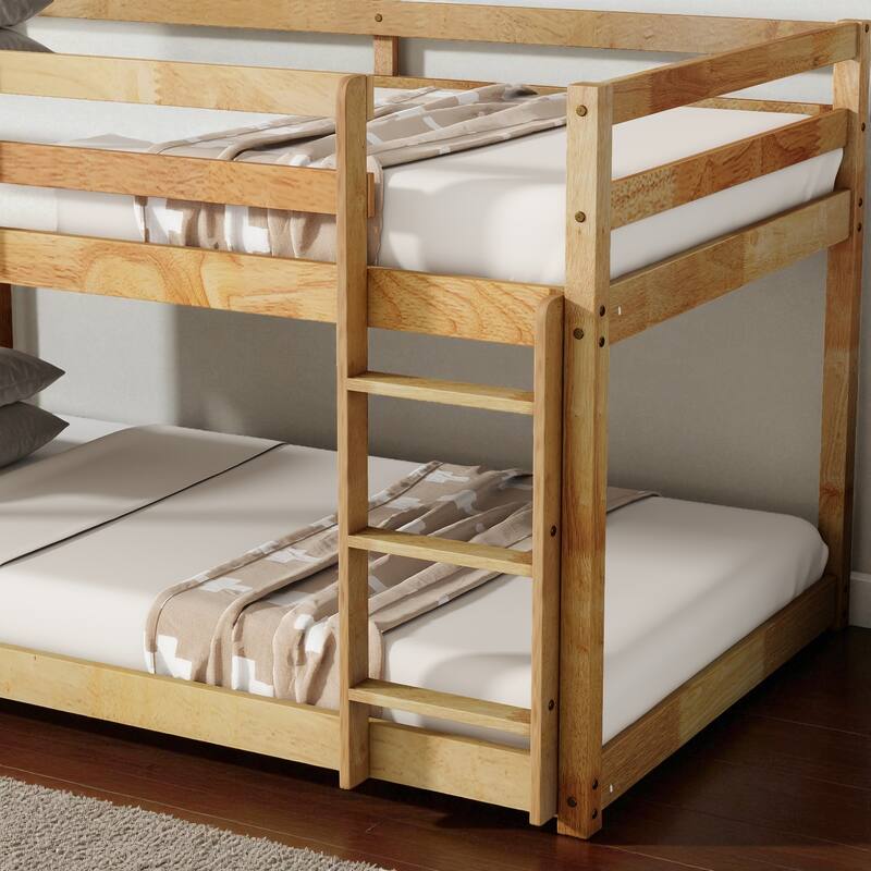 Solid Rubber Wood Twin Over Twin Floor Bunk Bed with Ladder, Low Height Design and Strengthened Slat Support