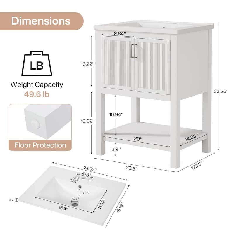 24" Single Bathroom Vanity with Ceramic Sink, Solid Rubberwood Frame & Open Storage Shelf