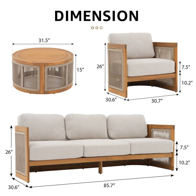 Outdoor 4-Piece Wooden Sofa Conversation Set With Cushions