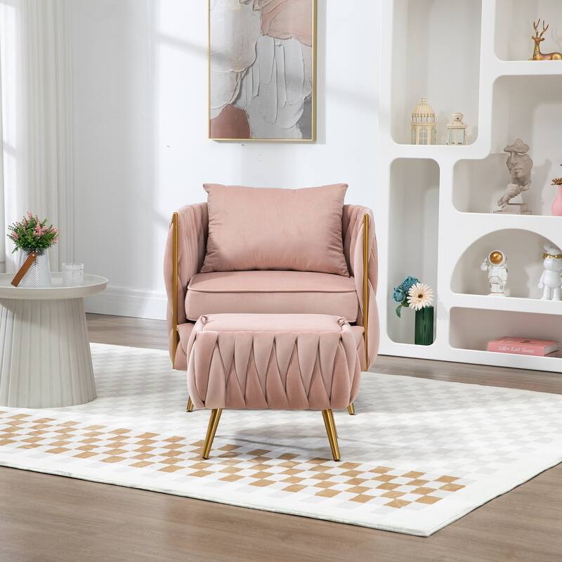 Accent Chair with Storage Ottoman, Modern Hand Woven Vanity Chair (Pink)