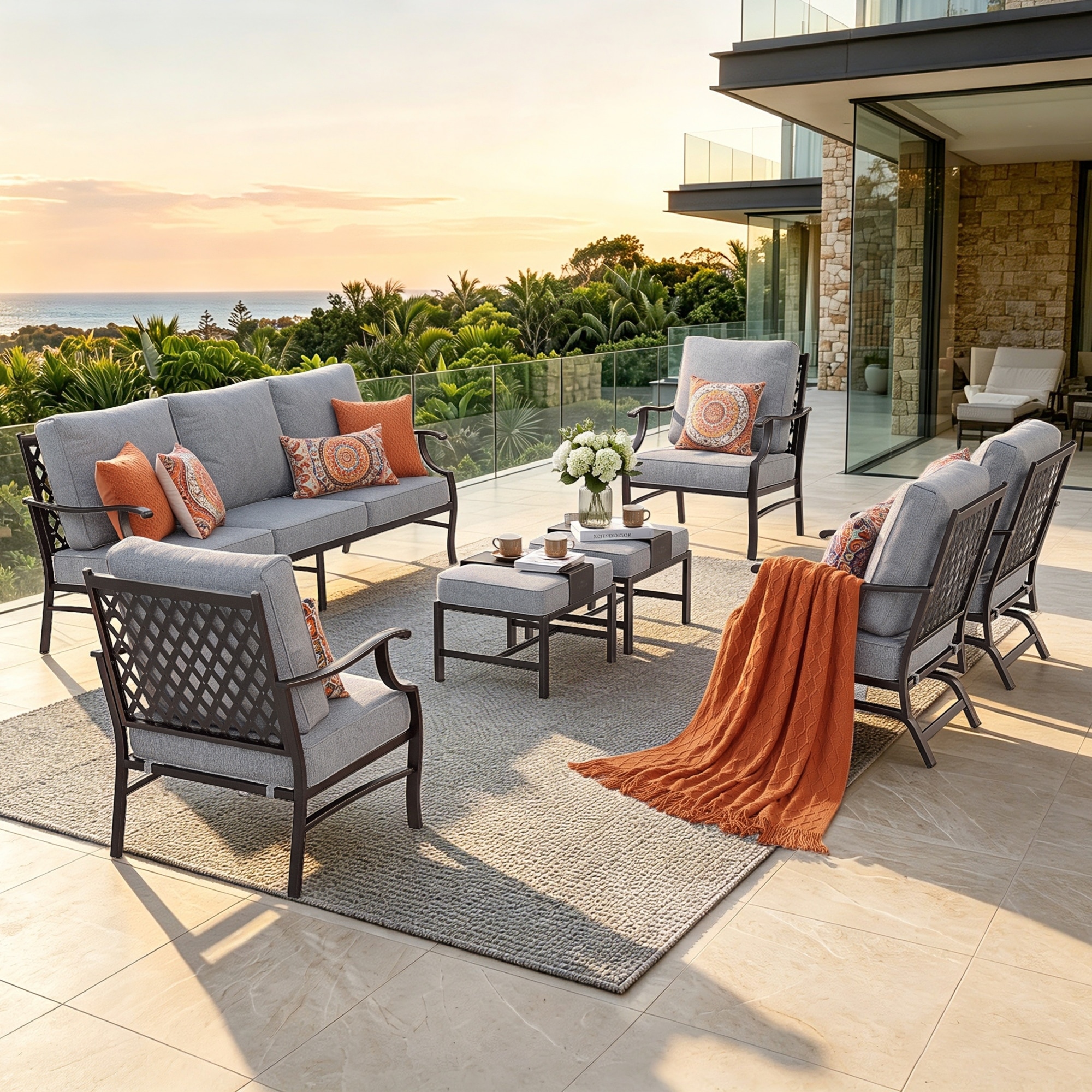 MAISON ARTS 6/7 Pieces Patio Conversation Sets, Sofa Set with 2/4 x Single Chairs, 1 x 3-seater Sofa and Coffee Table/Ottomans