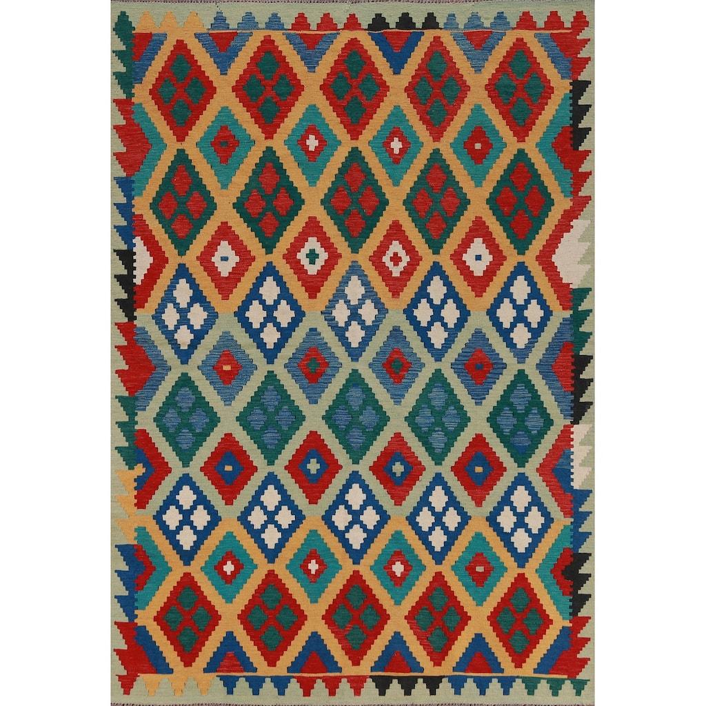 Hand Woven Oriental 100% Wool Carpet Southwestern Geometric Multi-Colored Kilim Area Rug - 8' 4'' X 5' 8''