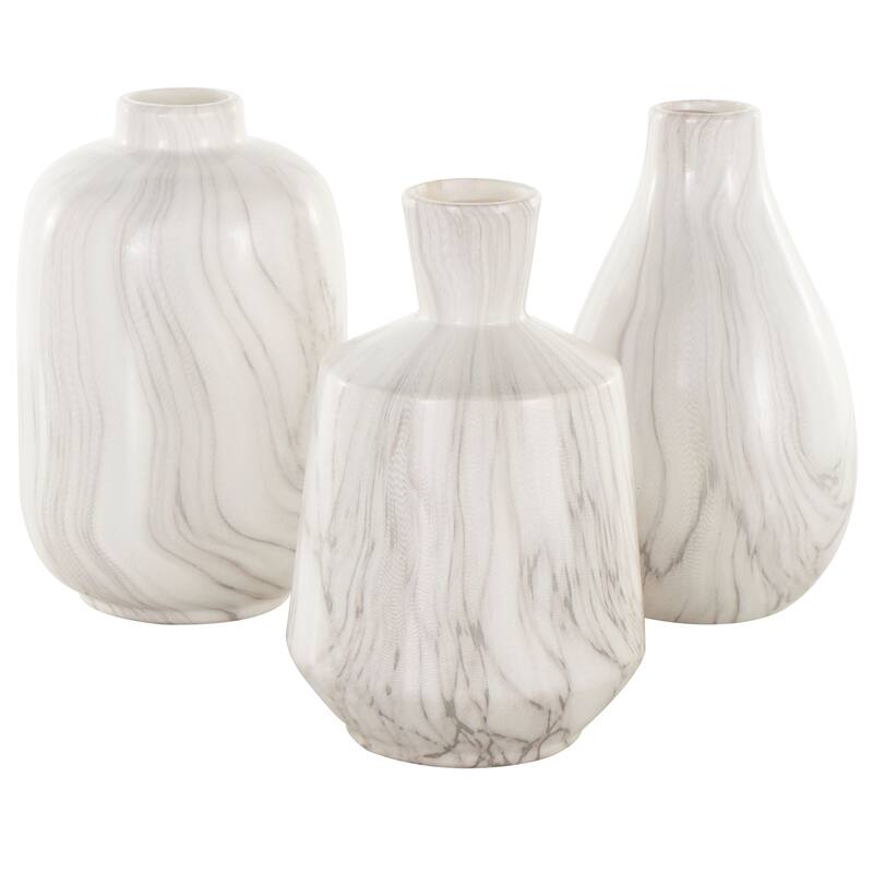 White, Gray, Cream or Black Ceramic Marble Inspired Vase with Varying Shapes (Set of 3)