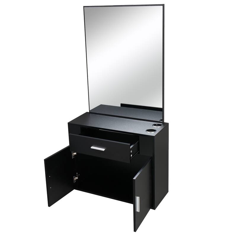 Black Wall Mounted Hair Styling Station with Mirror Drawer and Storage Cabinet for Salon Use - 59.4” x 29.6” x 11.8" (L x W x H)