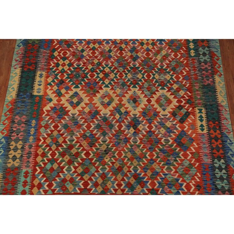 Kilim Oriental Area Rug Hand-Woven Geometric Wool Carpet - 8'3"x 9'8"