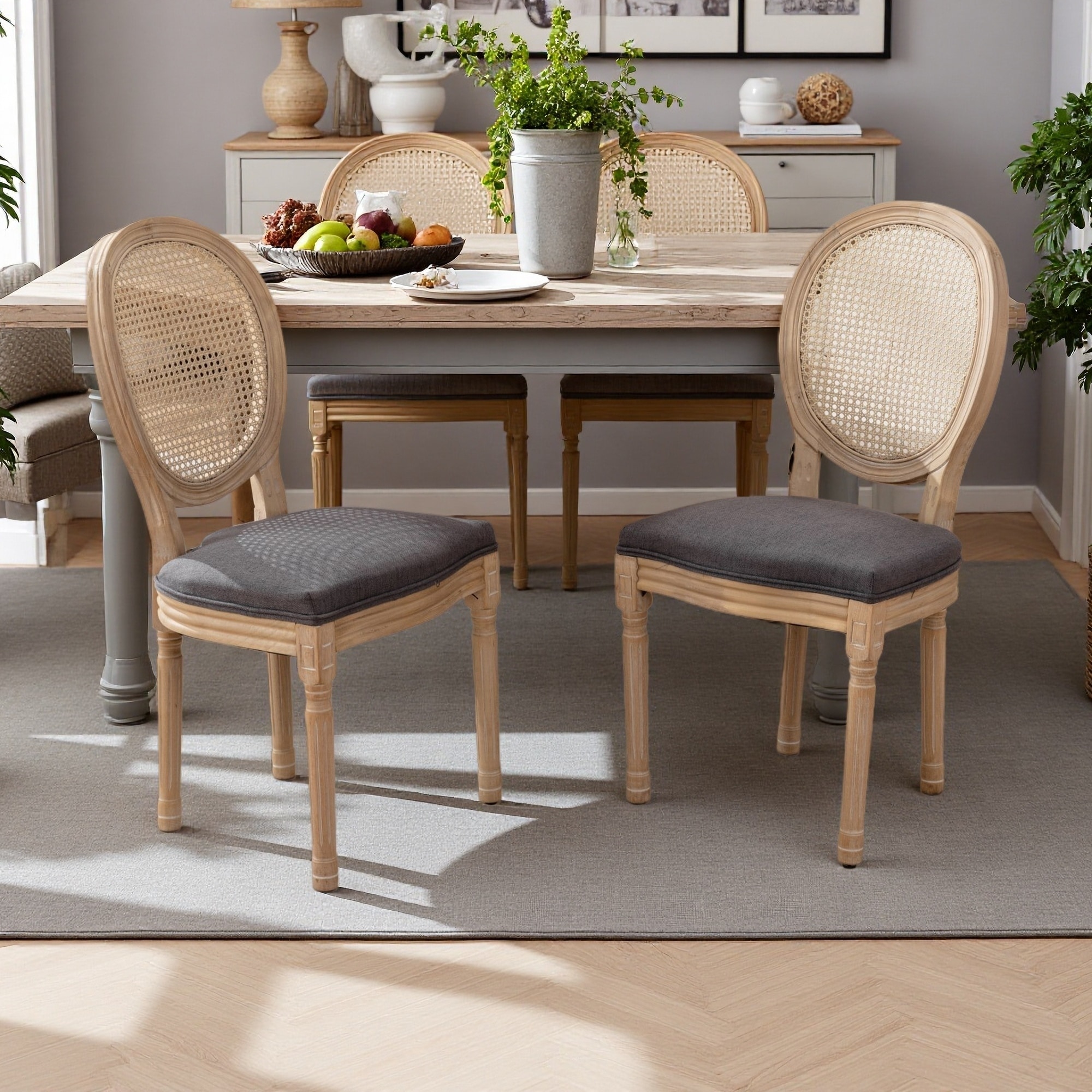 37.4"H Set of 2 French Style Rattan Back Dining Chairs with Upholstered Seat