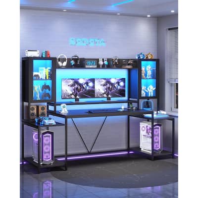 Gaming Desk LED Lights Hutch and Storage Shelves Glass Display Cabinet
