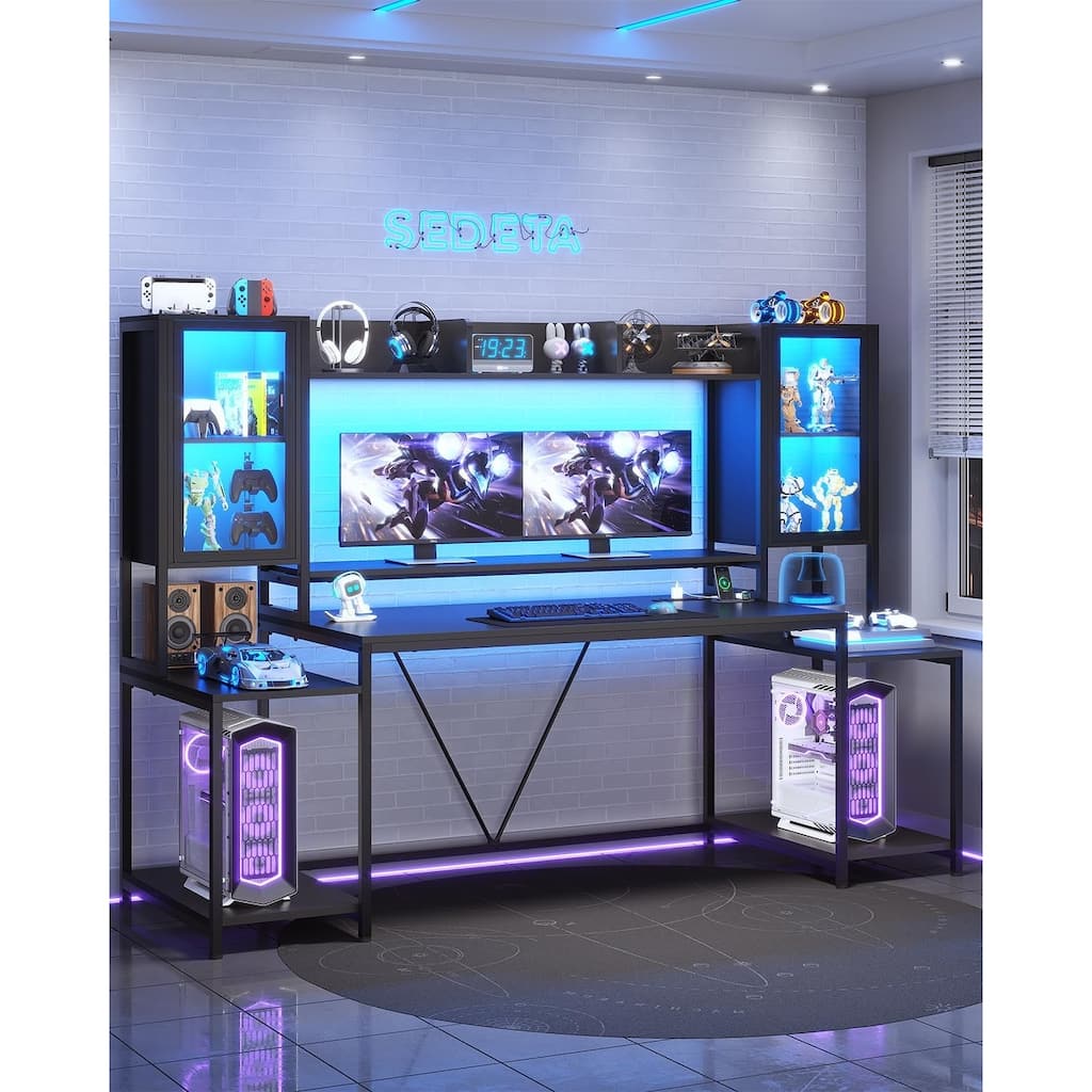 Gaming Desk LED Lights Hutch and Storage Shelves Glass Display Cabinet