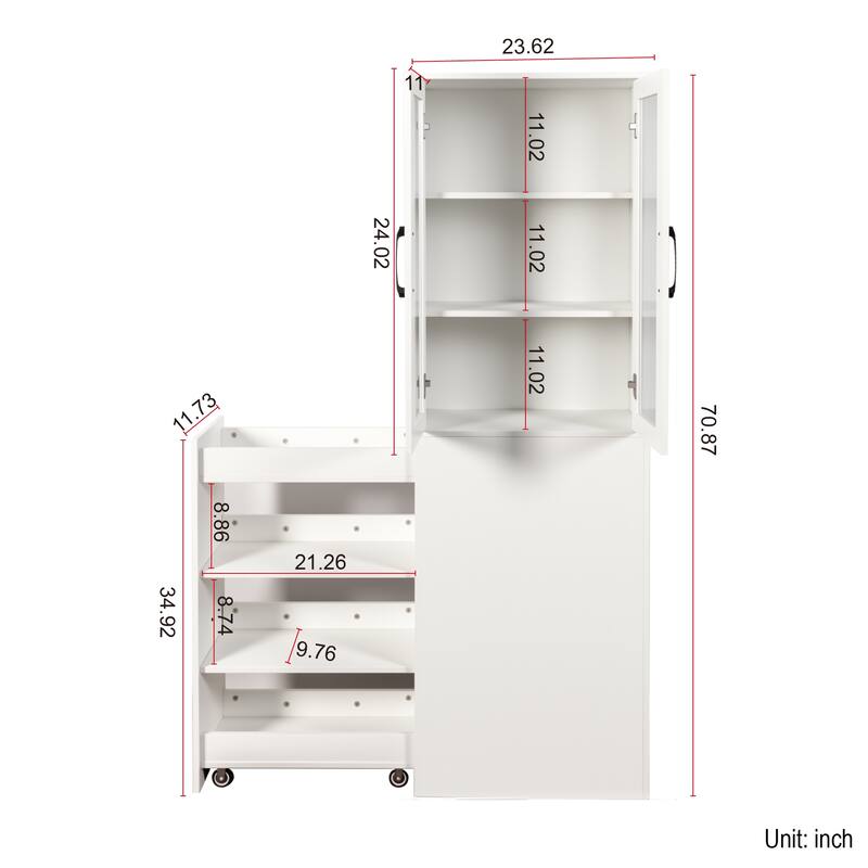 70.87" Tall Display Storage Cabinet with 4-Tier Pull-Out Shelf & Glass Doors, Modern Wooden Kitchen Pantry for Home