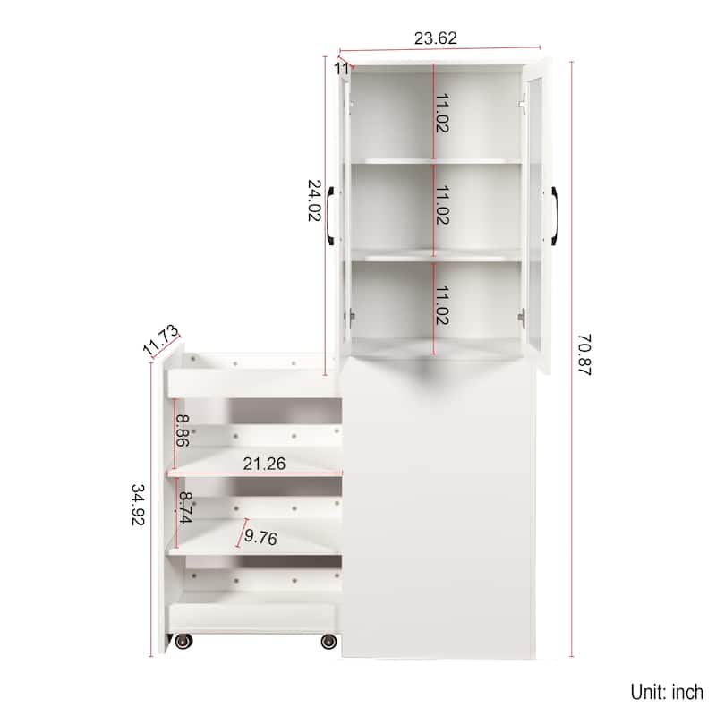 70.87 inch H Display Storage Cabinet 4 Tier Pull out Shelf 2 Glass Doors Modern Wooden Tall Bookshelf Living Room