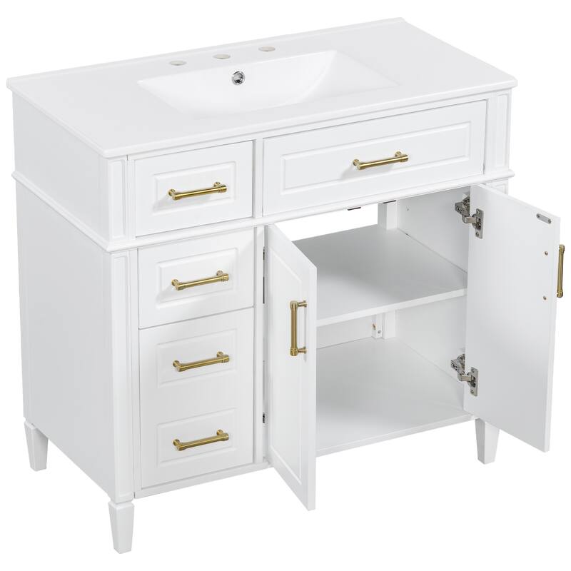 Roomfitters 36" Bathroom Vanity with Sink, Solid Pinewood Frame, 4 Drawers, Soft-Close Doors & Adjustable Shelf