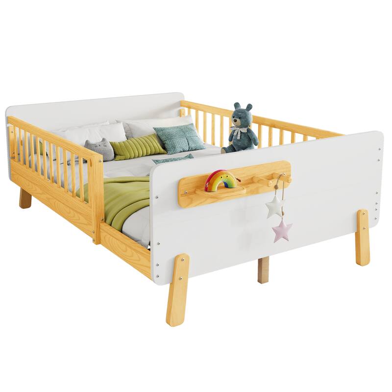 Kids Wood Platform Bed with Guardrails, Bottle Holder and 2 Hanging Rod, Convertible Toddler Daybed, Low Profile Design Frame