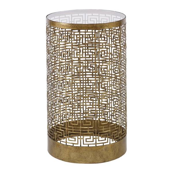 slide 2 of 3, 24" gold greek inspired geometric accent table with a mirrored top