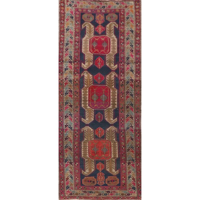 Navy Blue Meshkin Persian Vintage Runner Rug Handmade Wool Carpet - 4'3"x 11'8"
