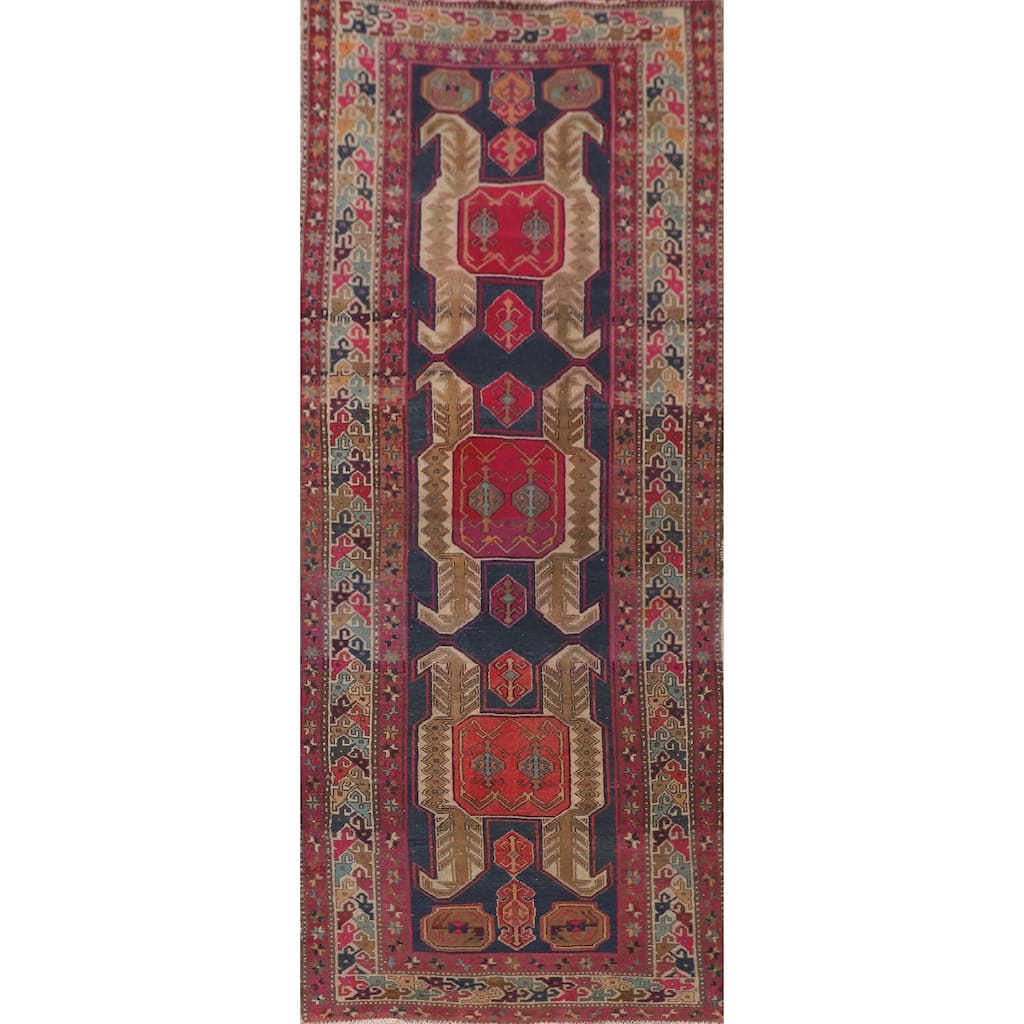 Navy Blue Meshkin Persian Vintage Runner Rug Handmade Wool Carpet - 4'3"x 11'8"