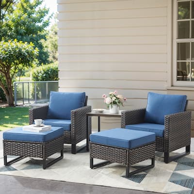 Patio Chairs with 2 Ottoman and Glass Side Table - Brown
