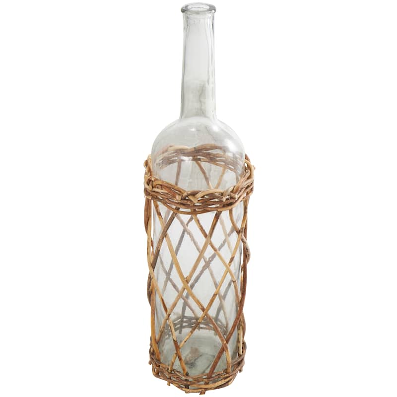 Clear Glass Handmade Tall Vase with Brown Rattan Woven Lower Body