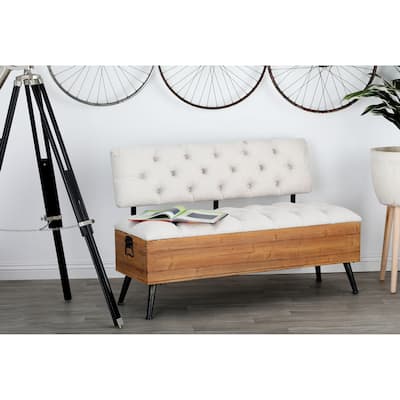 White Fabric Storage Bench with Cream Tufted Seat and Back