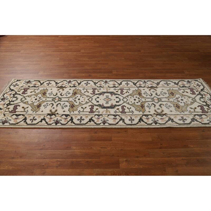 All-Over Ivory Oushak Indian Runner Rug Hand-Knotted Wool Carpet - 2'7"x 8'0"