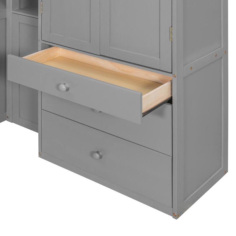 Twin Size Wood Platform Bed with Built-in Desk, Wardrobe, Cabinets & Drawers