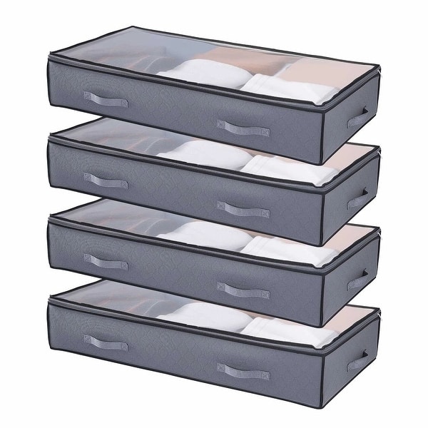 Set of 4 Under Bed Storage Organizer Foldable Clothes and Shoe Storage with Transparent PVC Lid - 39.2 x 19.7 x 7.1 inch
