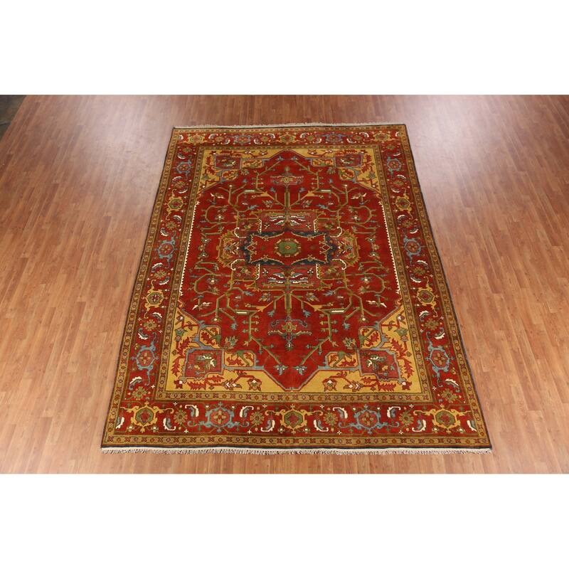 Medallion Heriz Serapi Indian Area Rug Handmade Floral Wool Carpet - 8'9" x 11'8"