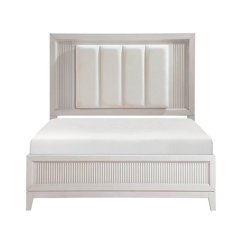 Queen Bed with LED Headboard and Upholstered Cushion, Reeded Fronts, Modern Bedroom Furniture - Antique White Finish