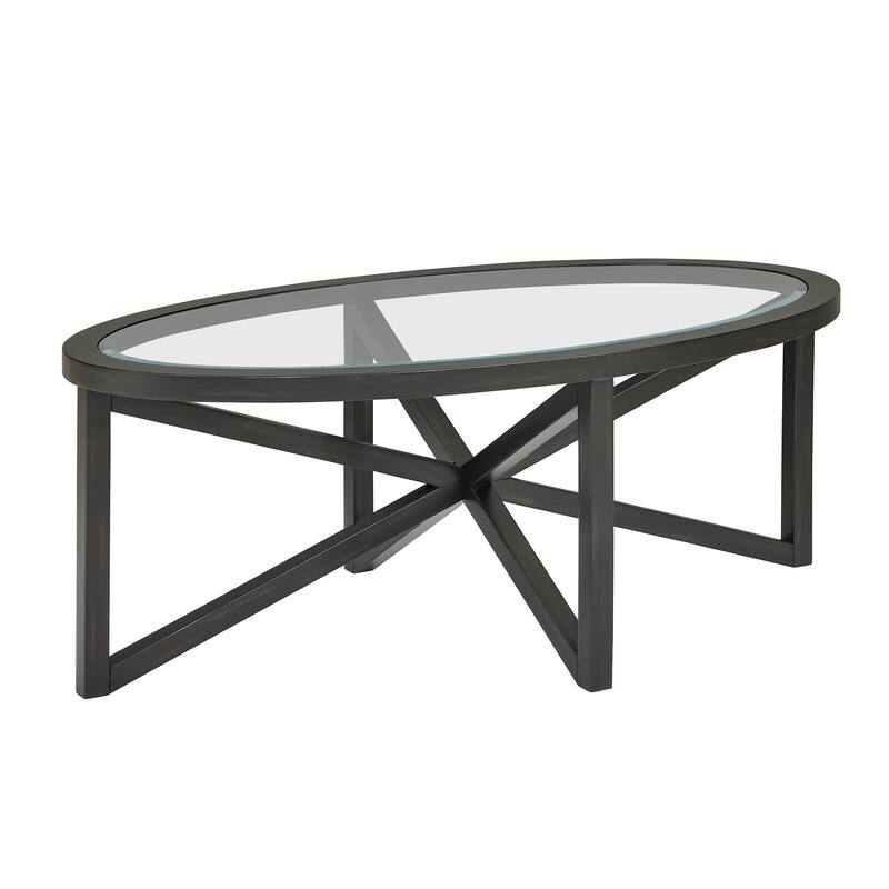 Roomfitters Modern Round Tempered Glass Coffee Table with Solid Wood Base, Clear Top Accent Table for Living Room