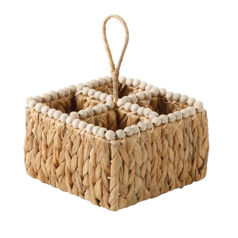 Gibson Home Woven Utensil Caddy with 4 Compartments, Natural Hand-Braided Water Hyacinth Basket with Wood-Bead Trim