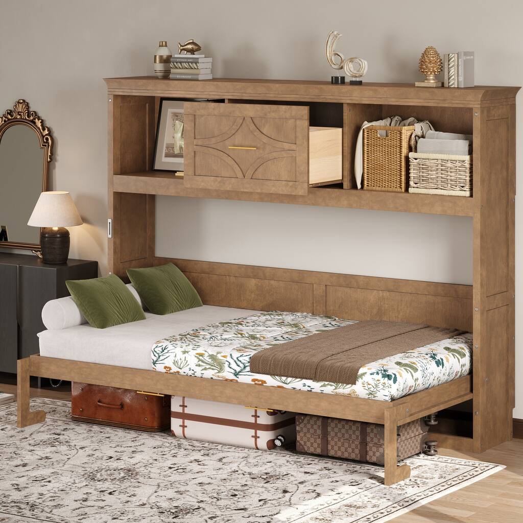 Roomfitters Twin Size Murphy Bed with Charging Station and Storage Drawer, Space-Saving Foldable Bed Cabinet