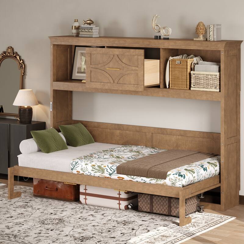 Twin Size Murphy Bed with Charging Station, Drawer, and Storage Cabinets, Wood Finish - Wood