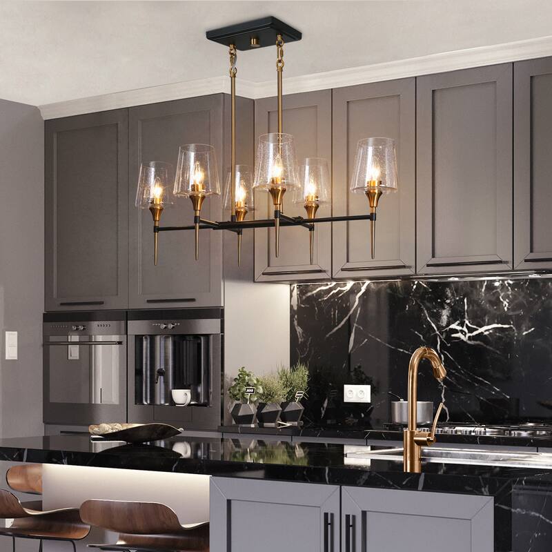 Modern Farmhouse 6-Light Black Gold Chandelier Seeded Glass Pendant Lights for Dining Room - L31.5'' x W15.5'' x H12''