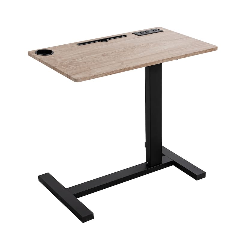 Height-Adjustable Overbed Table with Hidden Casters, Portable Bedside Desk with Tray, Pen Holder, USB & C-Type Ports
