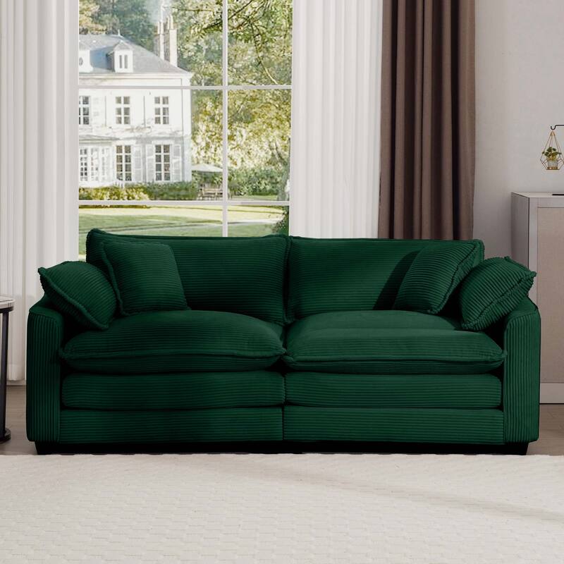 Corduroy Fabric Upholstered Loveseat Sofa, Deep Seat Sectional Sofa with 4 Pillows, 2-Seater Sofa with Removable Armrests - Green