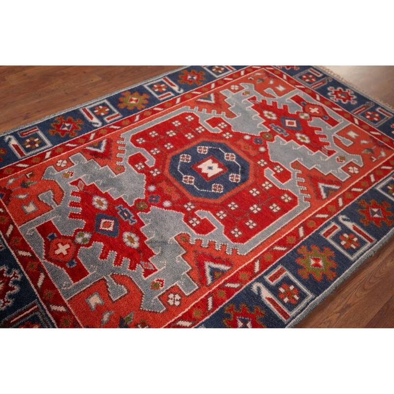 Geometric Kazak Indian Area Rug Handmade Wool Carpet - 4'0"x 5'11"