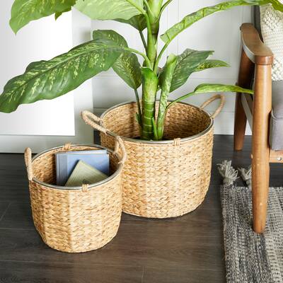 Light Brown Seagrass Handmade Decorative and Functional Storage Basket with Handles (Set of 2)
