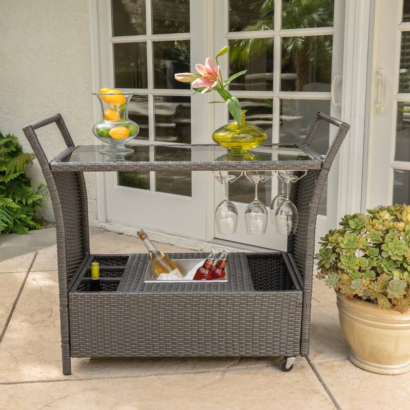 Roomfitters Outdoor Bar Cart with Wine Rack, Glass Holder and Ice Bucket, Wicker Patio Serving Trolley
