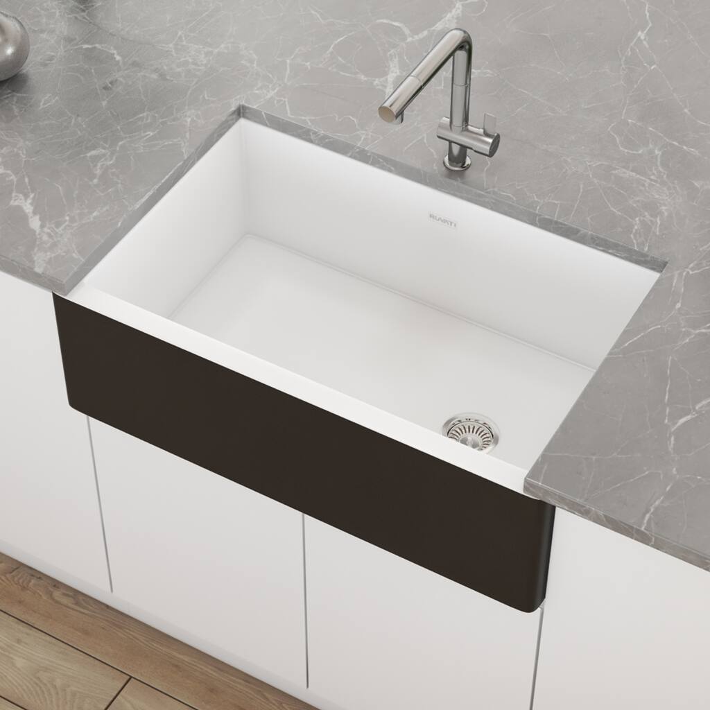 Ruvati 30-inch Fireclay Farmhouse Offset Drain Kitchen Sink Single Bowl Black and White Dual Color RVL4018RBW - 8' x 11'