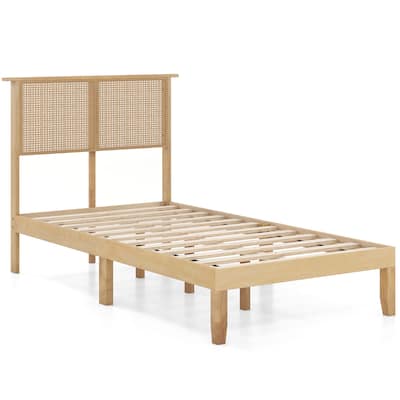 Gymax Twin/Full/Queen Size Bed Frame w/ Rattan Headboard 10 Solid Wood