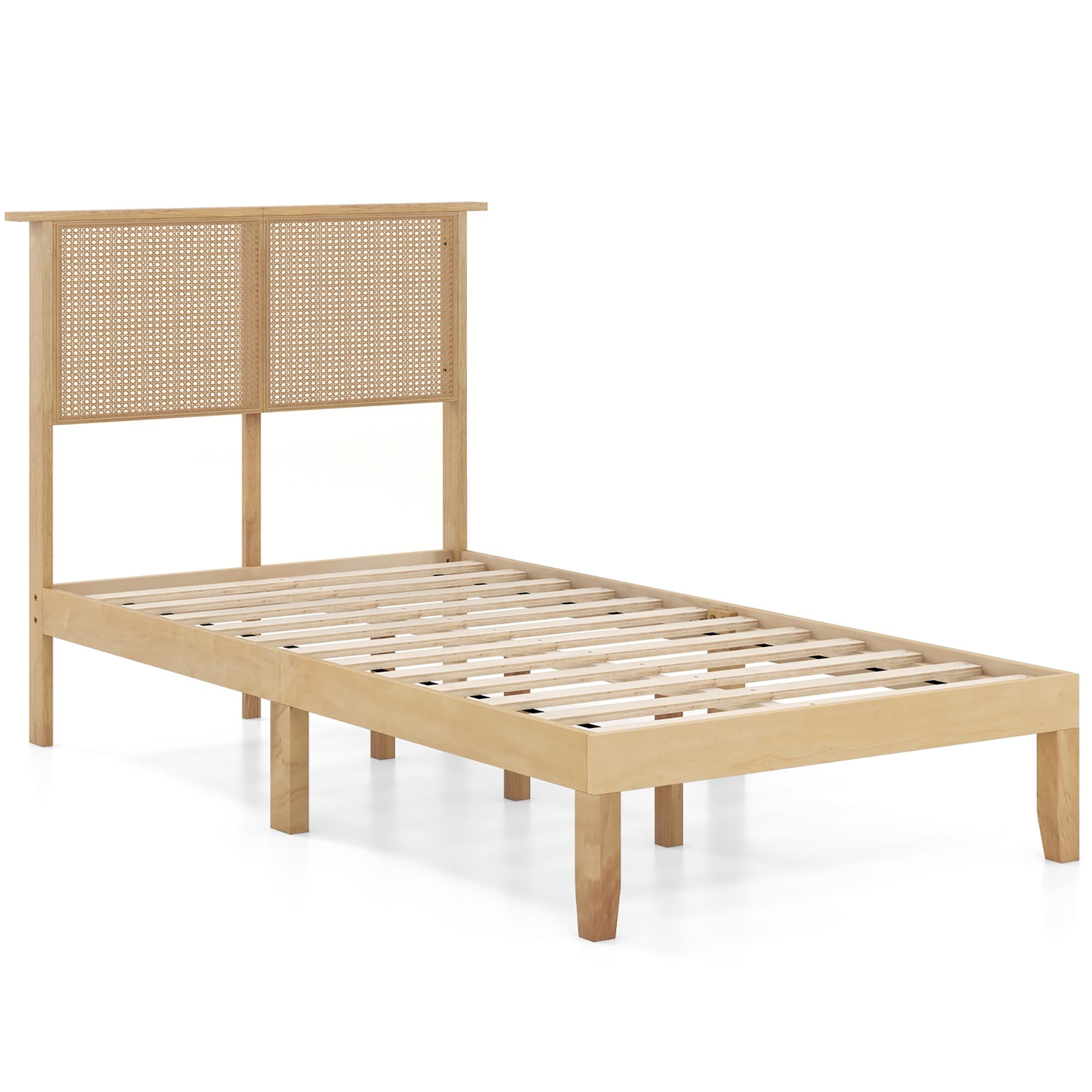 Gymax Twin/Full/Queen Size Bed Frame w/ Rattan Headboard 10 Solid Wood