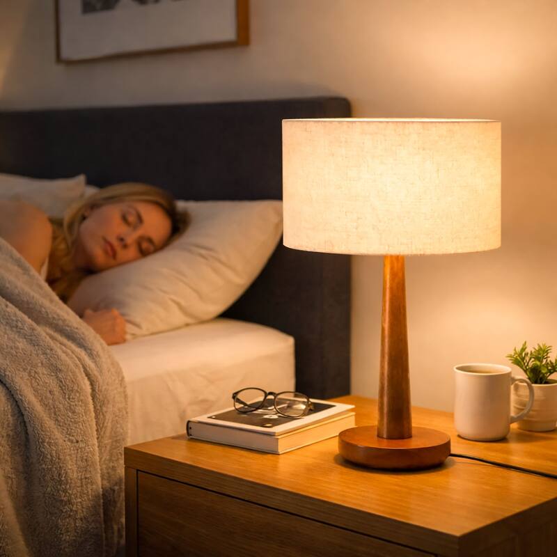 18.5" Modern Table Lamp with Walnut Wood Base, Dimmable Bedside Lamp, UL Listed