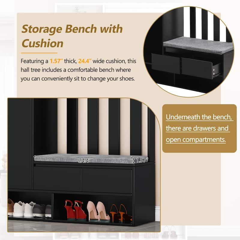 Roomfitters Modern Hall Tree with Storage Bench, Multifunctional Mudroom Cabinet with Pegboard and 4 Hooks