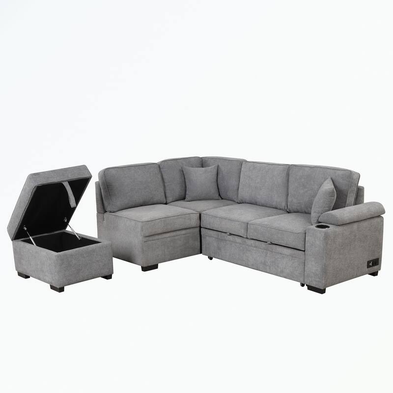 Modern 2 in 1 Pull Out sofa bed L Shape Couch with Storage Ottoman
