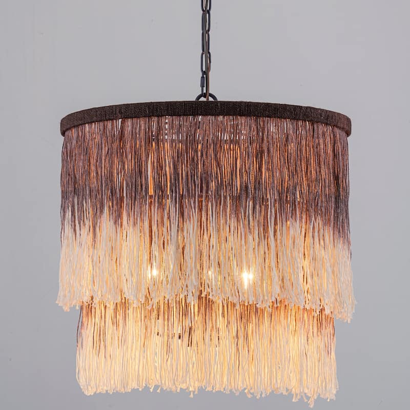 17.7" 3-Light Bohemian Farmhouse Purple Round Hand-made Cotton Fringe Tiered Hanging Chandelier Living Room,Bedroom