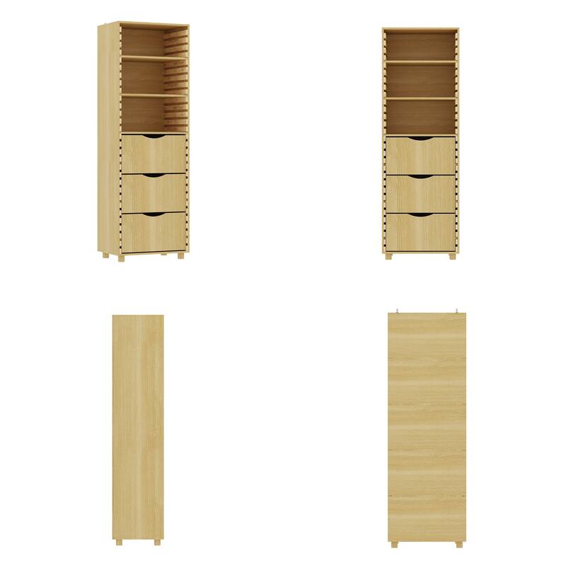 Tall Wooden Storage Cabinet with 3 Drawers and Adjustable Shelves, Solid Wood Slat Design