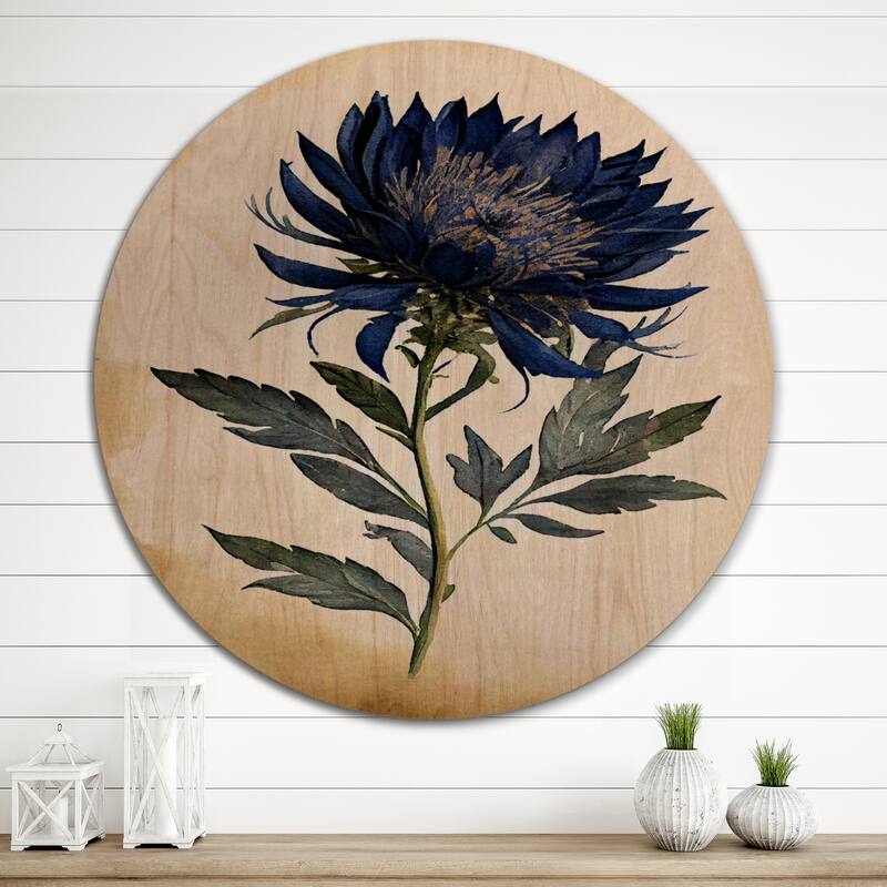 Designart "Blossoming Blue Retro Flower II" Floral Wood Wall Art - Natural Pine Wood